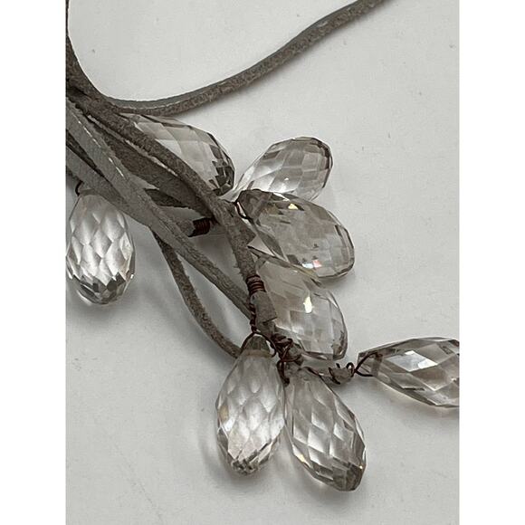 Saachi Gray Metallic Suede Leather Faceted Glass Dangle Rose Gold Necklace - Picture 8 of 8